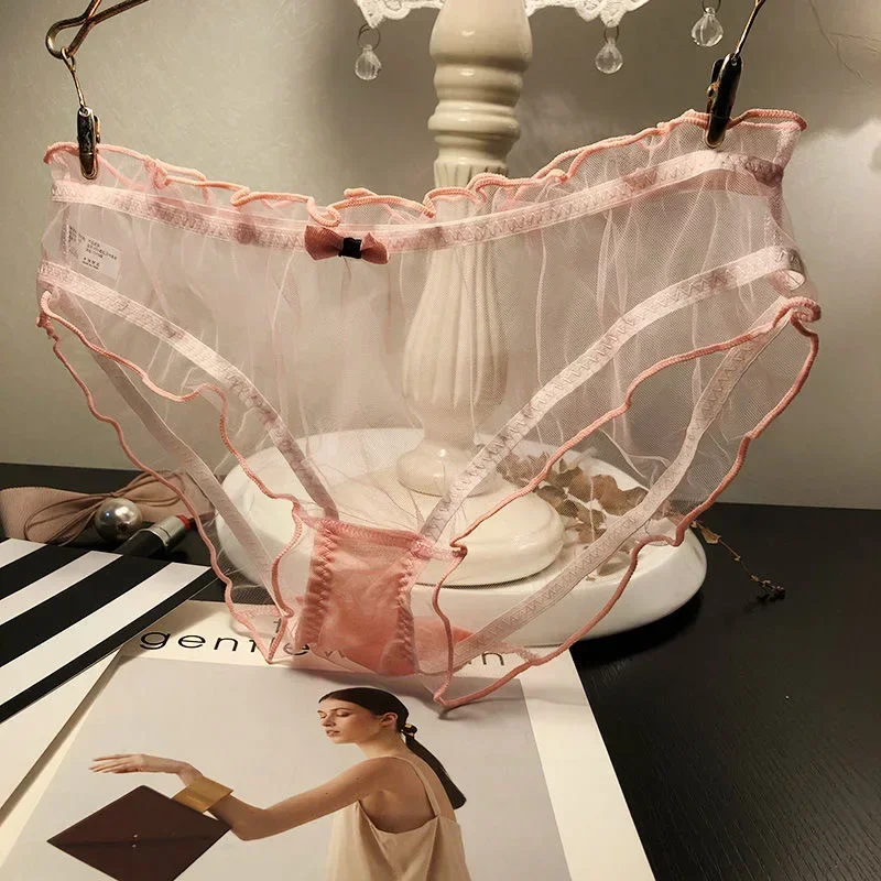 Women Sexy Transparent Panties Pink Bow Cotton Crotch Briefs Female Mesh Breathable Underwear Wave Edged Hollow Out Underpants