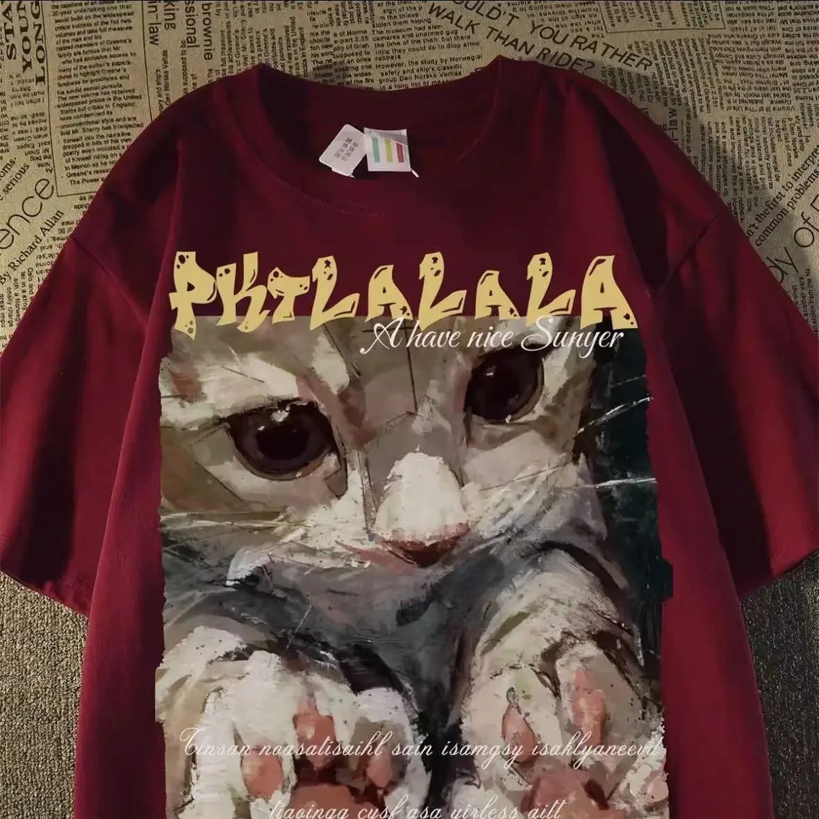 

Pure cotton American heavyweight opaque European and American retro short-sleeved T-shirt cat dark top couple class uniform top