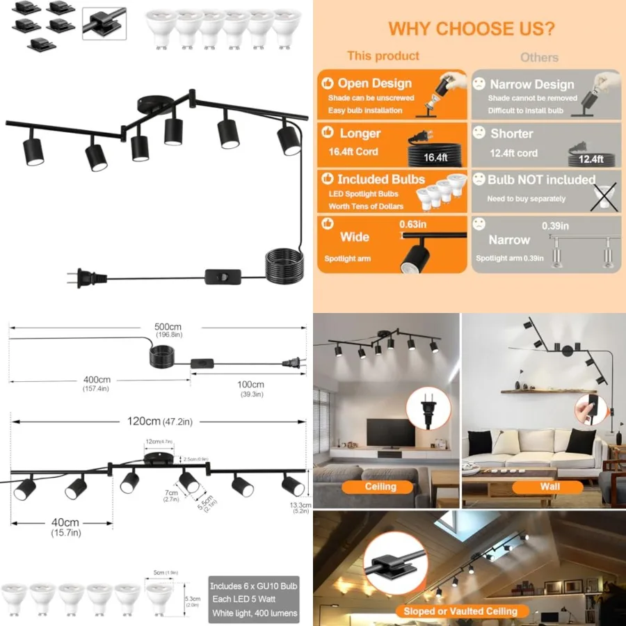 

Plug in Track Lighting Kit, 120cm LED 6 Light Kitchen Track Lighting, Corded Wall Light with 16.4ft Cord, Way Ceiling Spot Ligh