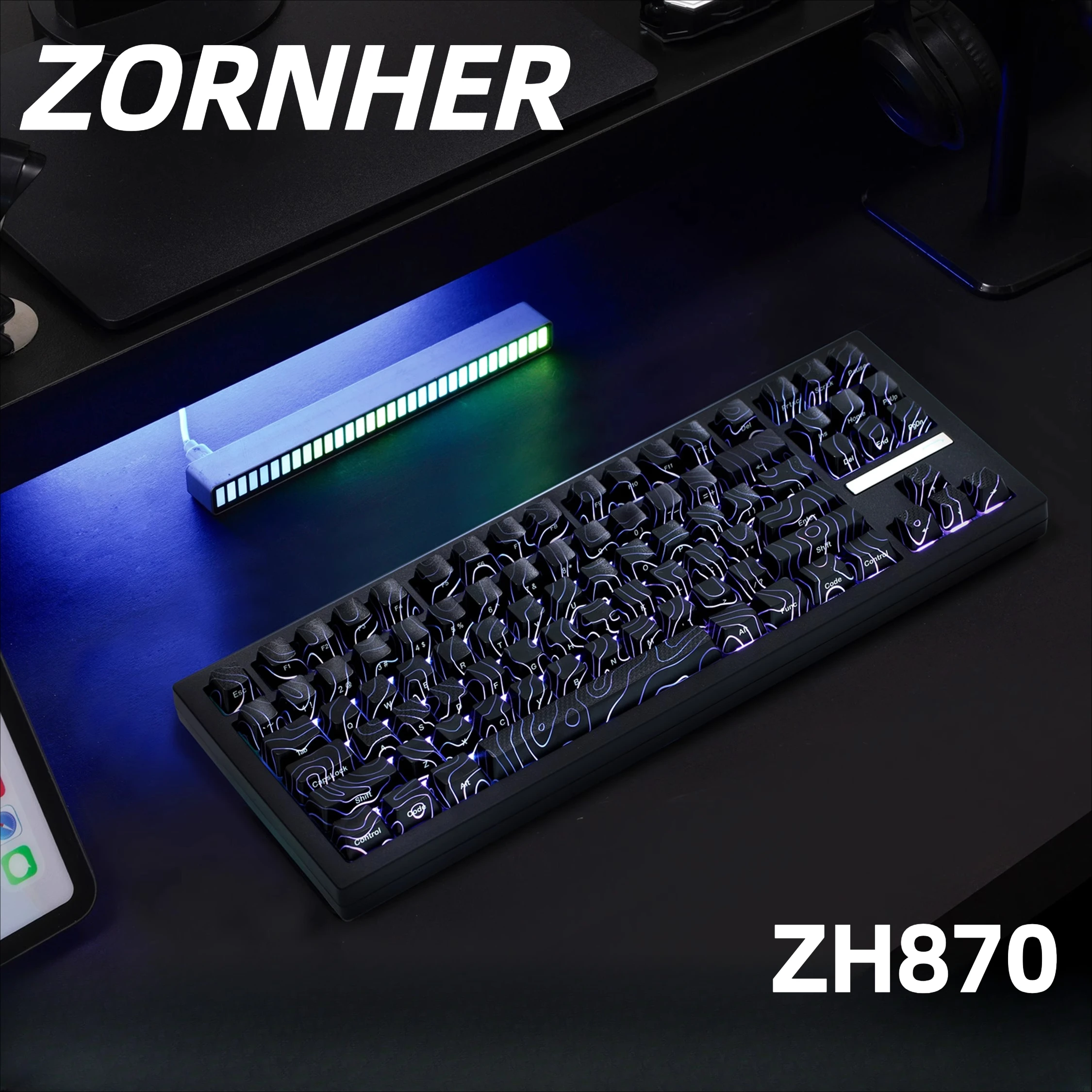 

ZORNHER ZH870 Беспроводная механическая клавиатура 80% Паутина Молния Дизайн RGB Подсветка Черный Топографический колпачок Игровая клавиатура
