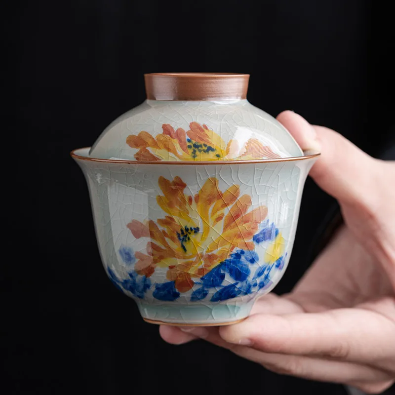 Ice Glaze Hand Painted Peony Three Cover Bowl Teacup Ceramic Household Kung Fu Tea Set Small Tea Bowl With Cover Is Not Hot