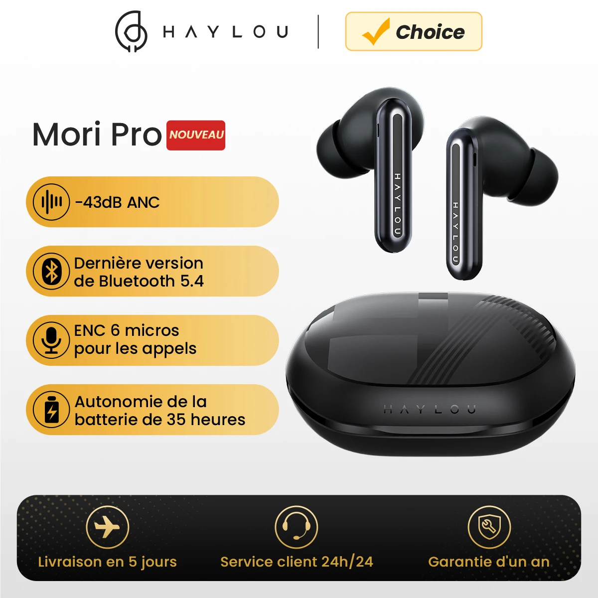 HAYLOU Écouteurs sans fil Mori Pro Bluetooth 5.4, oreillettes à suppression active du bruit,-43dB ANC, 6 micros, autonomie de la batterie 35h