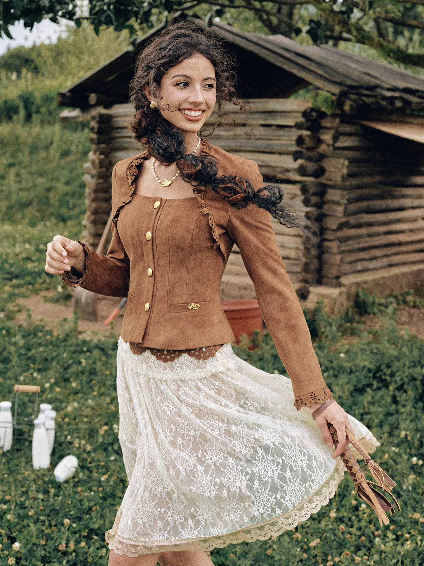 Retro LaceMade Sao Paulo Pastoral Suede Short Tailored Women's Jacket French Style Button Decorated Standard Fit Outerwear