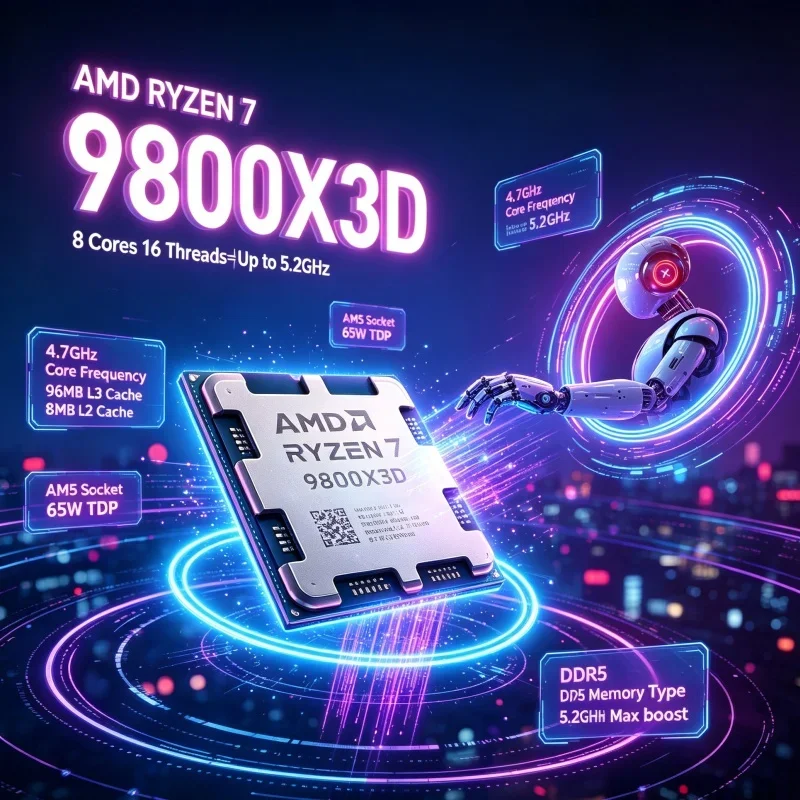 AMD Ryzen 7 9800X3D 3D V-Cache Gaming CPU 8-Core 16-Thread 4.7GHz 5.2GHz Boost 96MB L3 AM5 Socket DDR5 4nm Processor