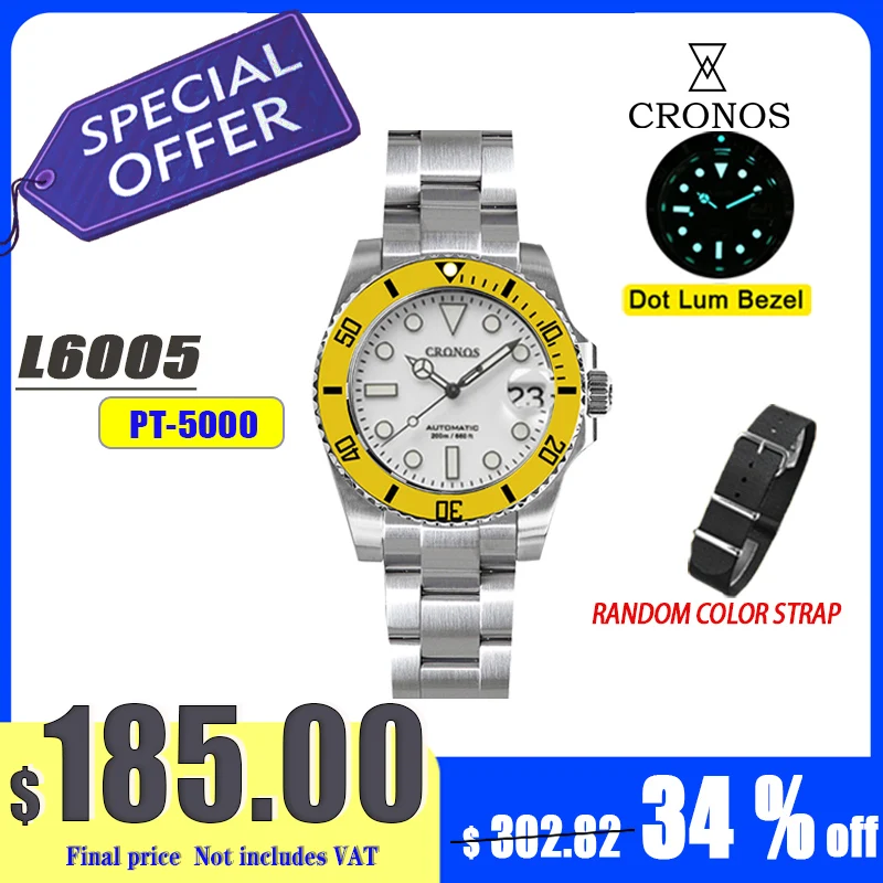 

Cronos новые 40 мм дайверские мужские часы роскошные деловые PT5000 автоматические механические часы с сапфировым стеклом водонепроницаемые 200 м Glideclasp L6005