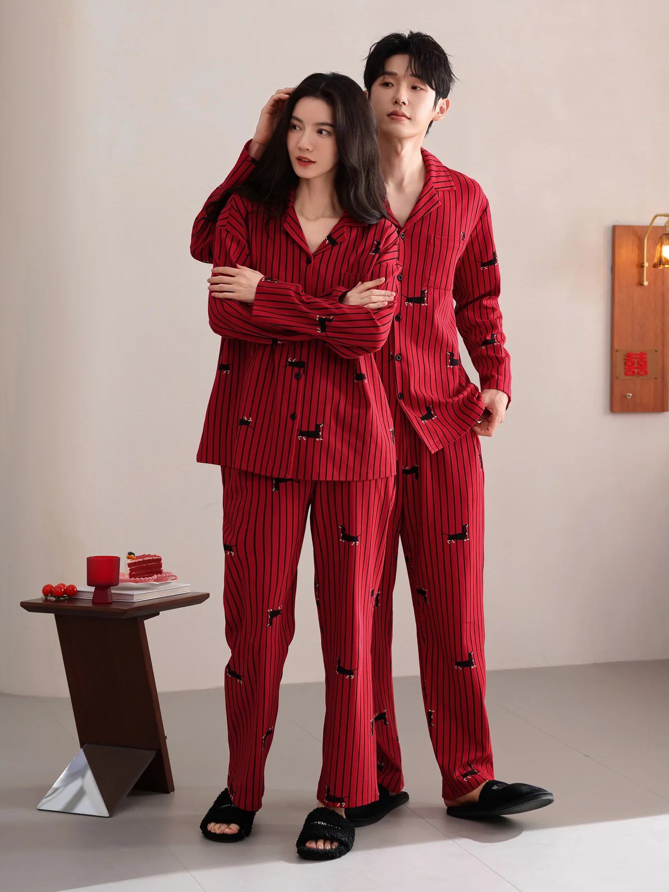 Set di indumenti da notte per coppia, pantaloni a maniche lunghe in cotone 100% da uomo o da donna, vestiti per la casa in puro cotone rosso da sposa, autunno e inverno