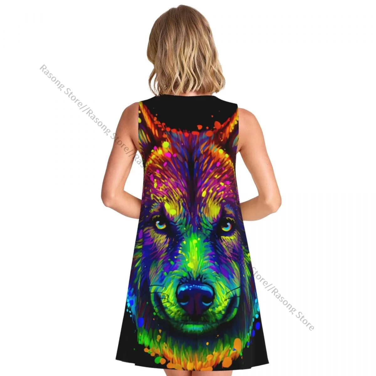Damesjurk Zomer Casual T-shirt Jurken Strand Cover-up Neon Wolf Head Tank-jurk