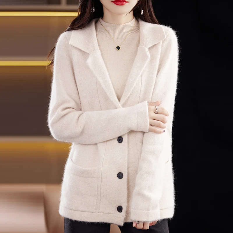 BELIARST 100% Mink Cashmere Sweater Women\'s Clothing Suit Collar Cardigan Winter Thickened Knitted Coat Sweater Jumper BR-095