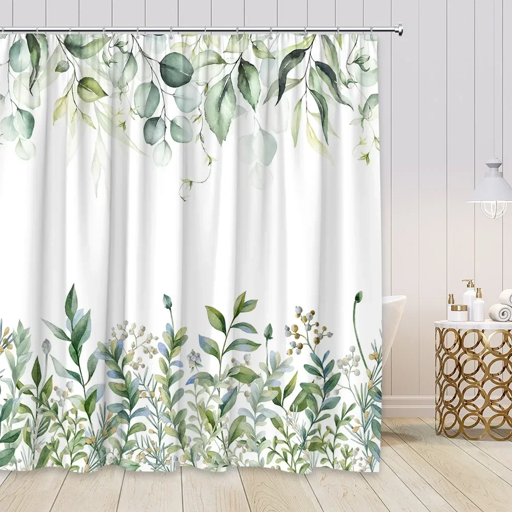 Green Leaves Shower Curtains Watercolor Plants Tree Leaf Simple Nordic Home Decor Polyester Fabric Bathroom Curtain Sets White