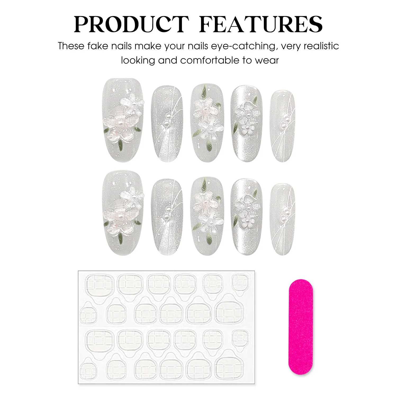 10pcs Glossy Cat\'s Eye Press On Nails Handmade White Almond False Nails 3D Flower Leaf Designs Fake Nail Patches For Women