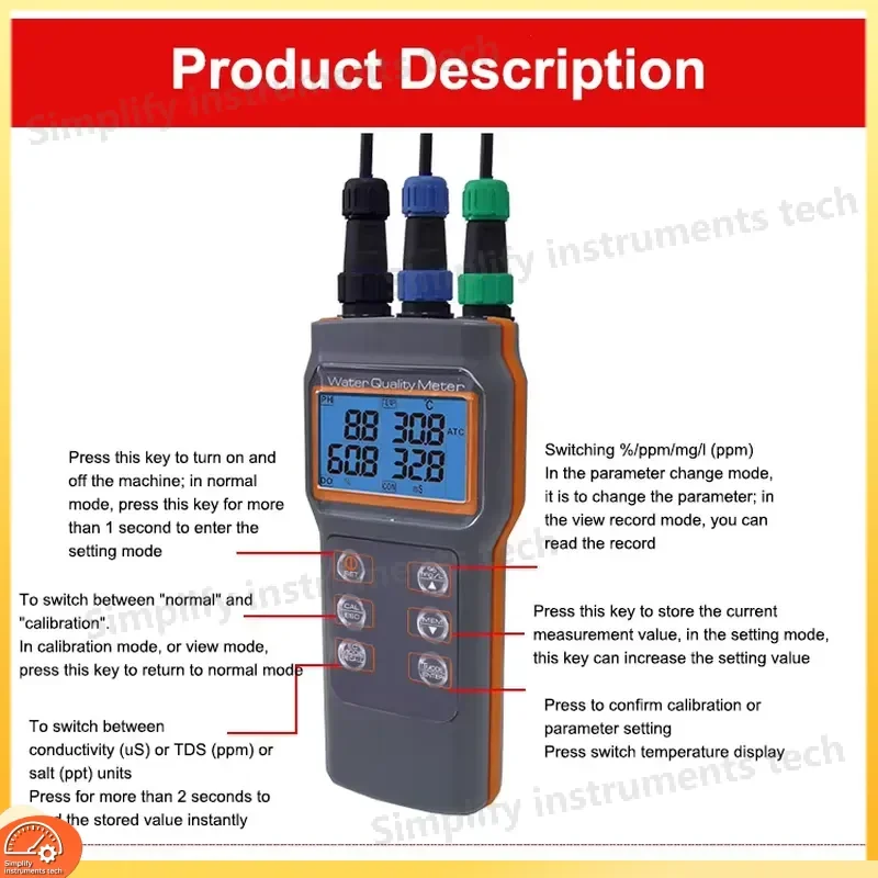 5 in 1 Water Quality Tester pH DO Conductivity Salinity Temperature Meter Digital Dissolved Oxygen Analyzer for Aquarium Pool