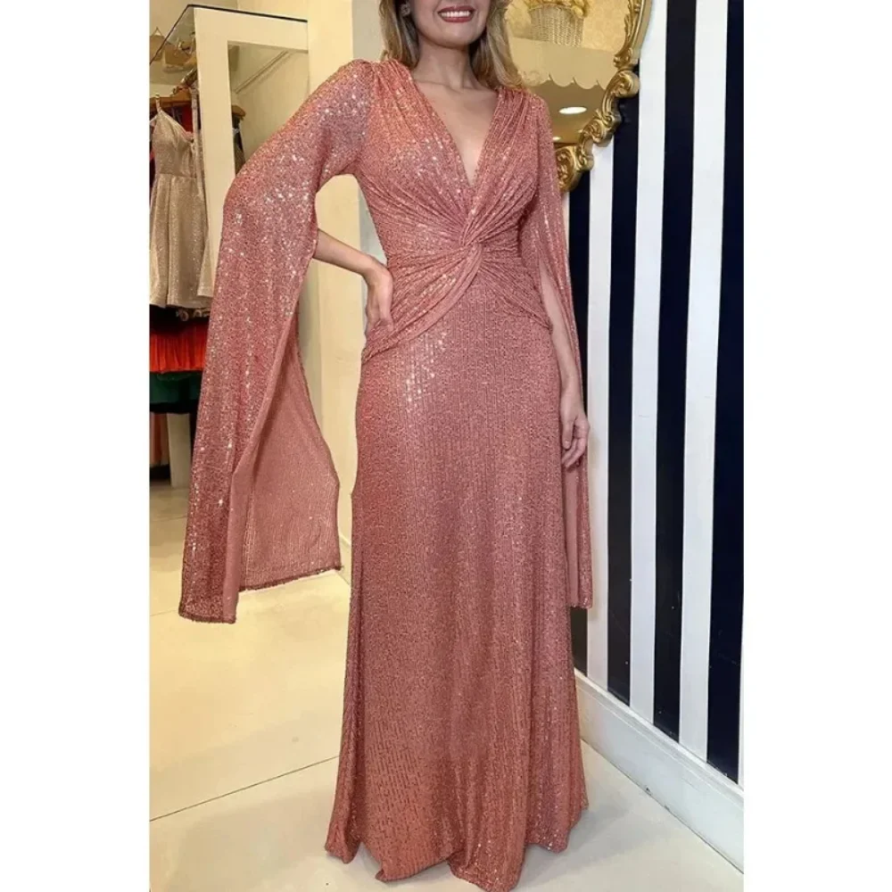

Party Dress Women Sequin Personalized Dress Fashionable V-neck Long Sleeved Simple Solid Color Casual Loose Sexy Dress