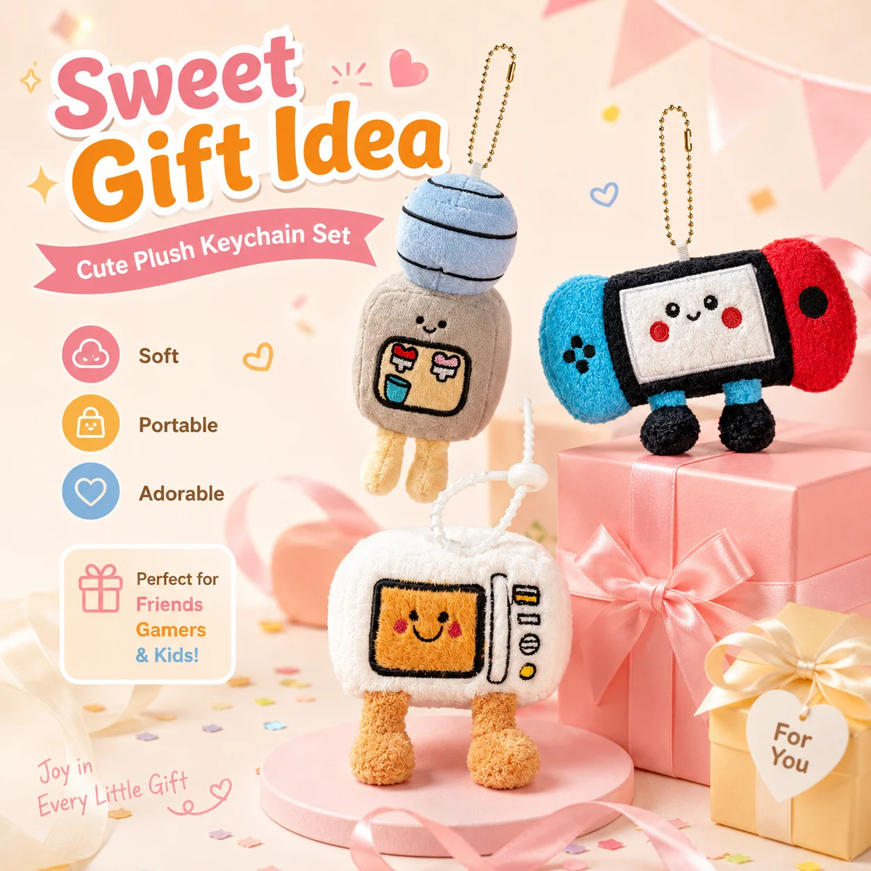 1pc Soft Fluffy Retro Device Plush Bag Keychain Three Collectible Styles Game Console Television Milk Tea Maker Embroidery Doll Portable Decor Gift For School Travel Game Fans Boys Girls