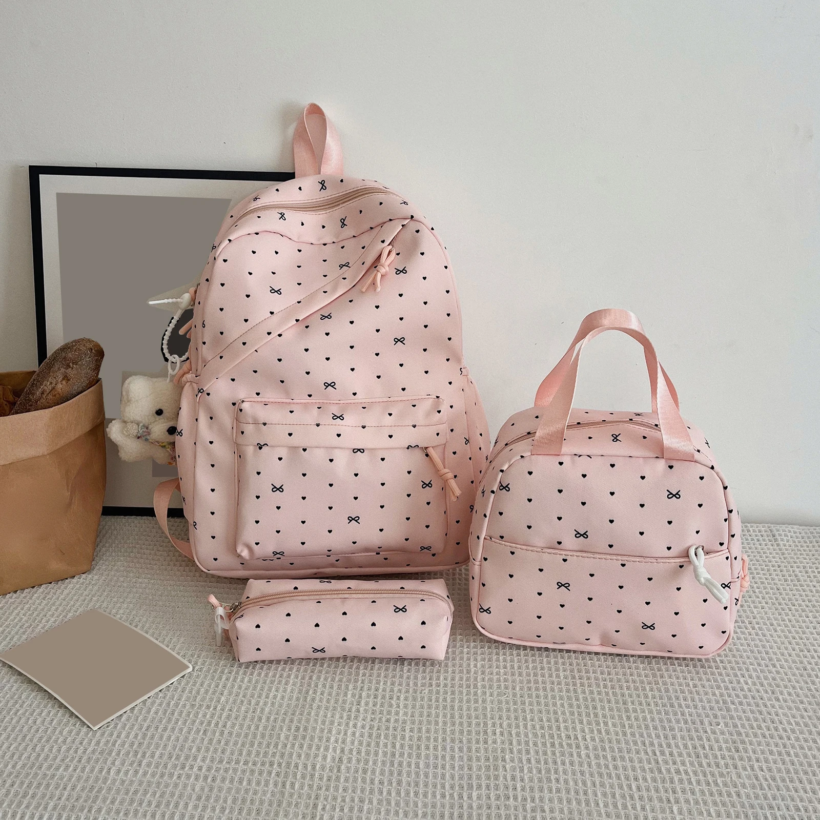 3Pcs Nylon Laptop Backpacks Large Capacity Casual Travel Daypack with Pendant for Travel Outings Picnics Recreational Activities