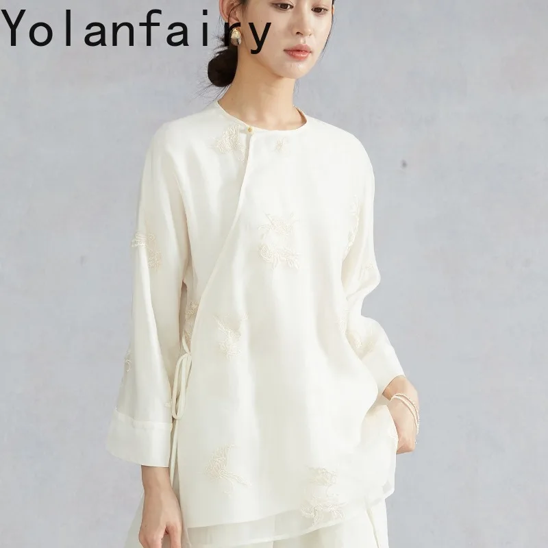 YOLANFAIRY Womens Tops 100% Natural Mulberry Silk Organza Shirts Woman Embroidery Summer Elegant Blouse Fashion Shirt camisas