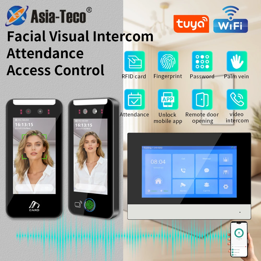 

2.4G Wifi Tuya App Video Intercom Doorbell HD Camera for Apartment 7inch Touch Monitor one-key Unlock Password Attendance System