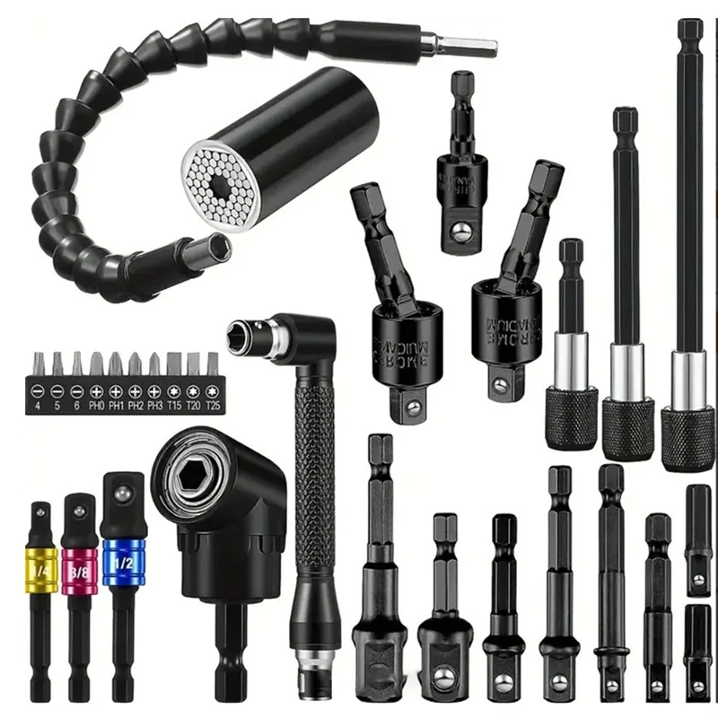 

ABDJ-Hex Shank 105° Flexible Drill Bit Extension Set 31PCS Rotatable Socket Adapter Right Angle Screwdriver