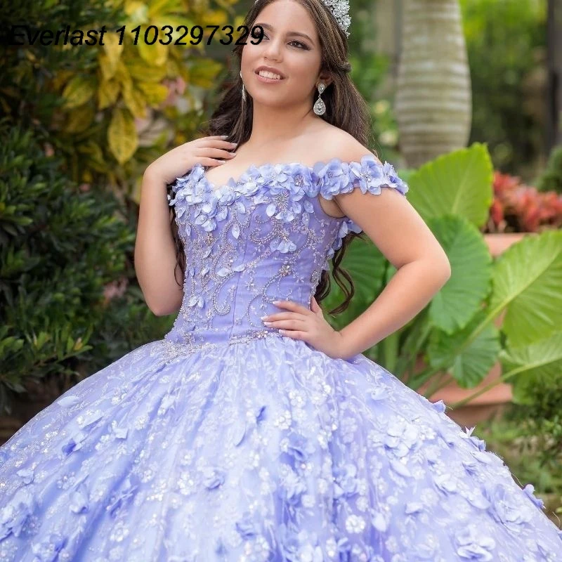 EVLAST messicano lavanda Quinceanera abito da ballo 3D Applique floreale perline corsetto dolce 16 abiti De XV 15 Anos TQD725