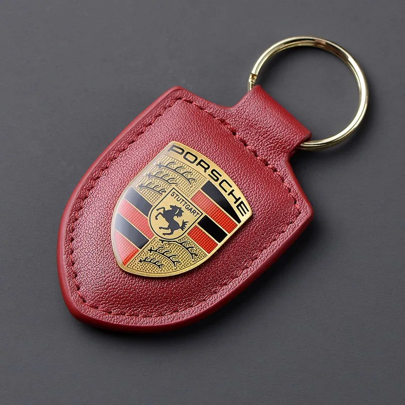 For Porsche 911 718 Cayenne Cayman Panamera Macan Taycan Boxster Car Keychain Key Holder Shield Leather Key Rings Men Women Gift