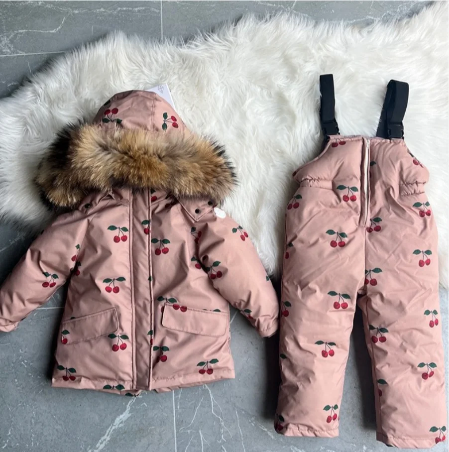 Children's Cotton Clothes 26 Winter New Cherry Printing Fashion Plus Fleece Warm Boys and Girls Long Snow Clothes Top Pants Set