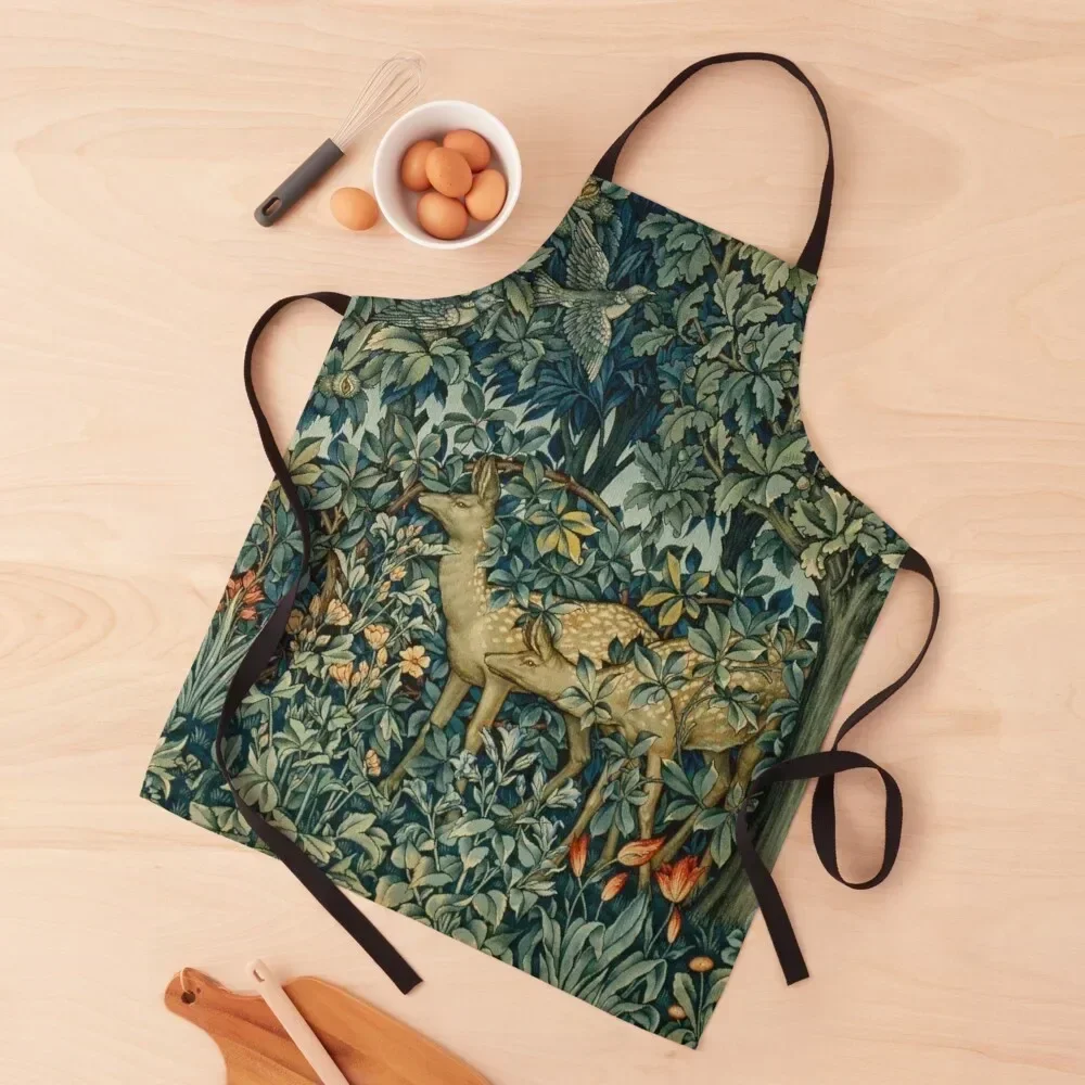 

GREENERY,TWO DOES AND BIRDS IN FOREST Blue Green Floral Tapestry Apron work gowns for women cleaning Kids Apron