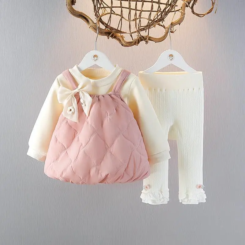 

Осенне-зимнее платье для девочек, комплект со штанами, детская юбка на подтяжках, толстовка с капюшоном, топ на флисовой подкладке, плотная хлопковая теплая одежда для дома, платье, детская одежда