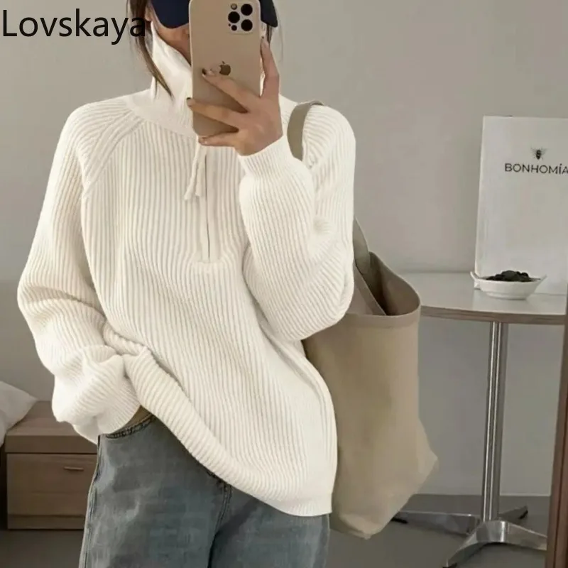 

Loose and lazy style wearing a knitted sweater on the outside striped half zippered sweater Women standing collar soft