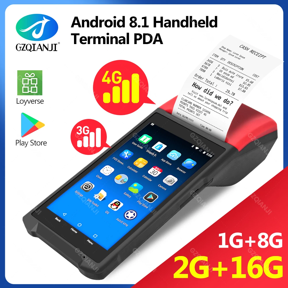 

Устройство КПК 3G 4G POS, Android 8,1 с RAM2G, ROM16G, Bluetooth, Термальный, 58 мм, принтер для чеков, билетов, поддержка Loyverse POS, все в одном