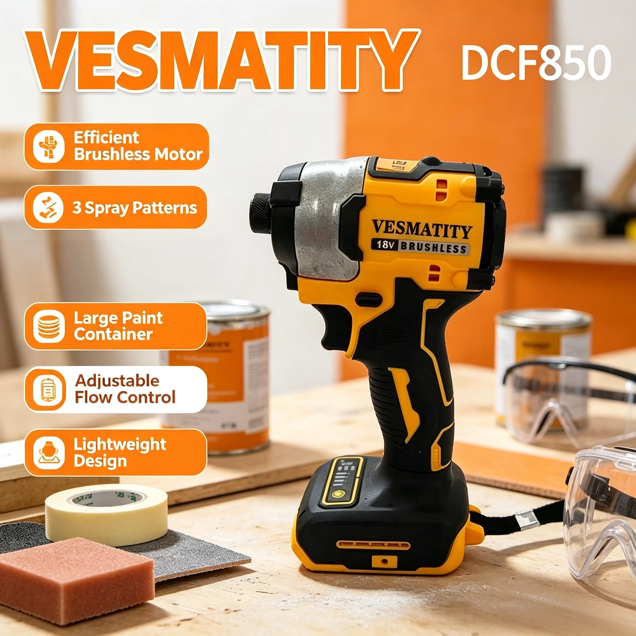 DCF850 Lightweight Electric Brushless Spray Gun Paint Sprayer Uniform Spray for Home DIY Project Compatible Battery Pro