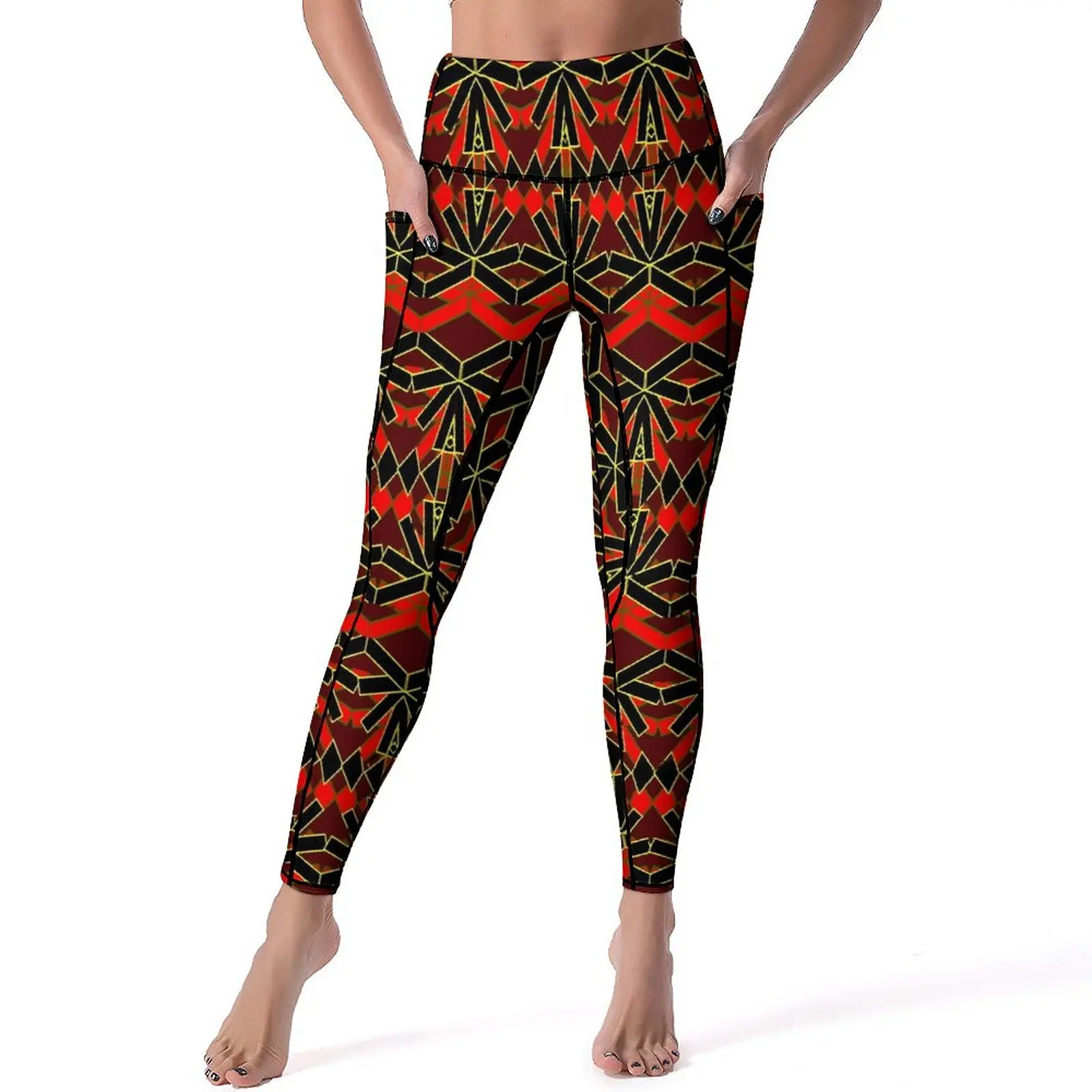 Vintage Dashiki Yoga Pants With Pockets Red Black Leggings Push Up Novelty Yoga Sports Tights Quick-Dry Graphic Fitness Leggins