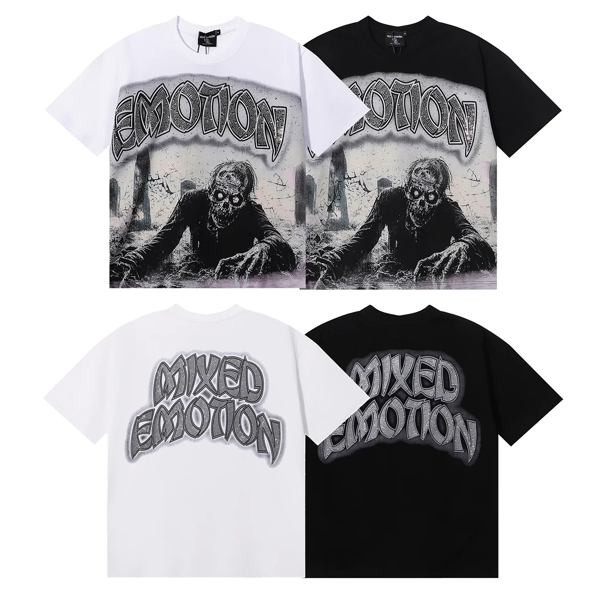 Mixed Emotion American INS Zombie Skeleton Retro Rhinestone Letter Trendy Brand High Street Pure Cotton Short Sleeve T-Shirt
