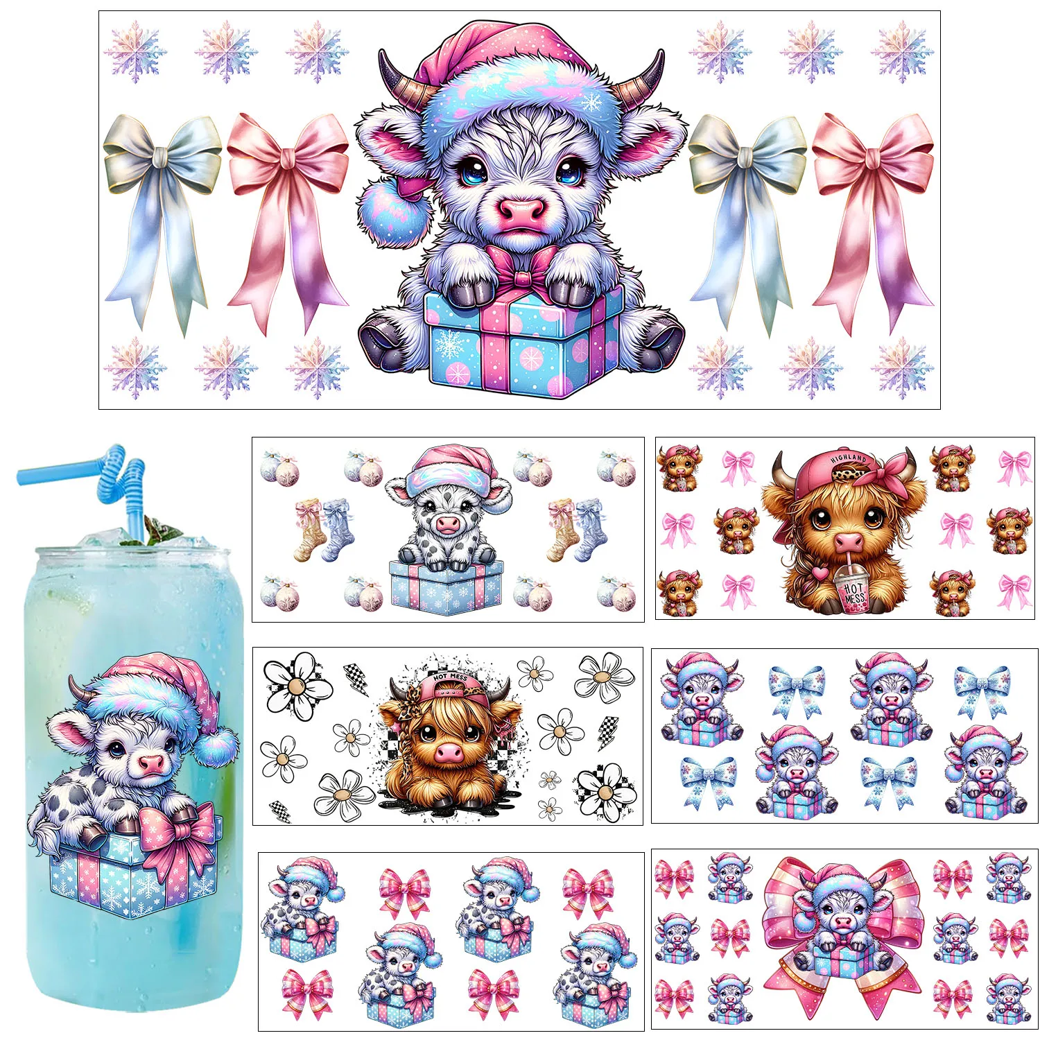 Christmas Highland cattle easy peel waterproof Party DIY Decals 3D transfers uvdtf tumbler seal stickers 16oz uv dtf cup wraps