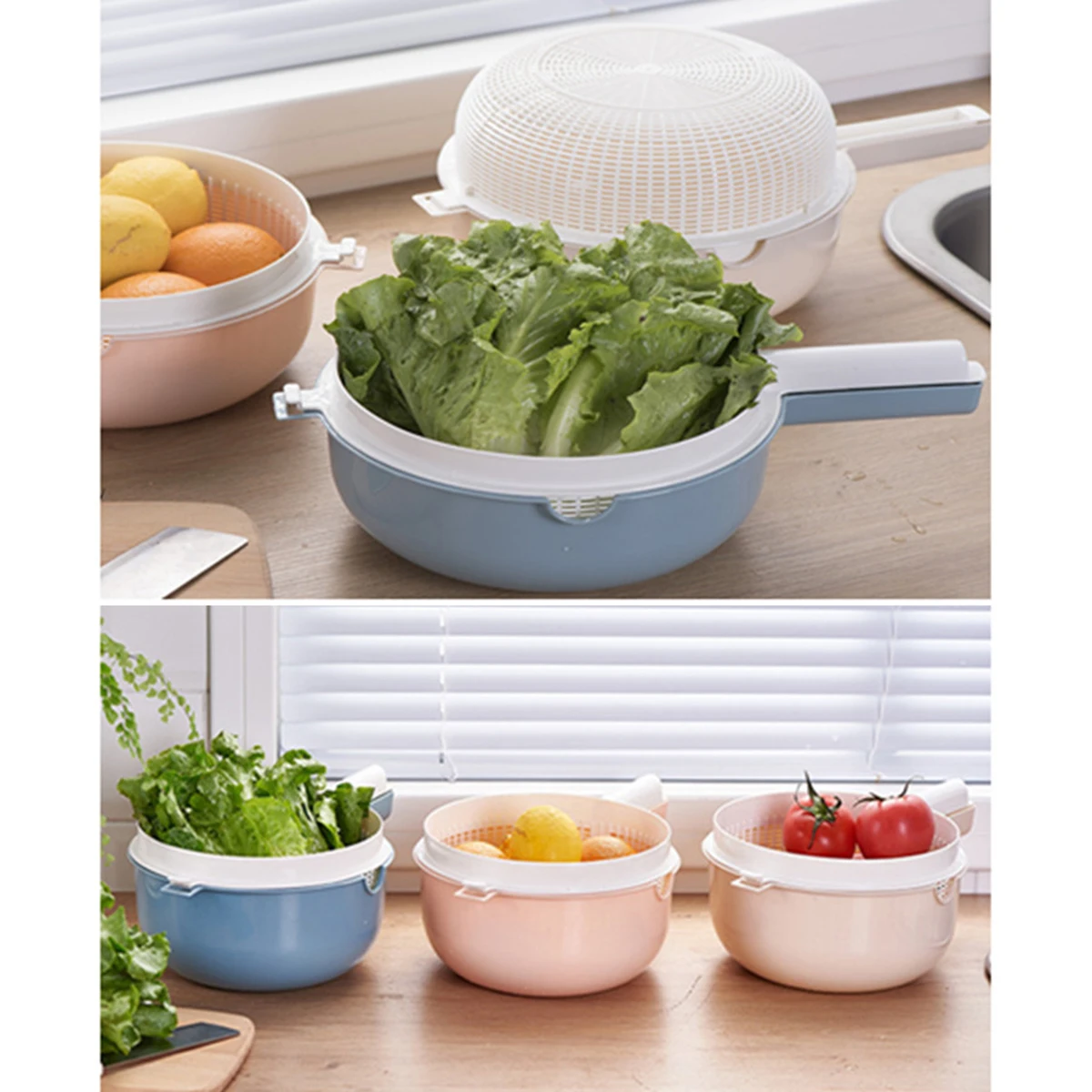 

2 Pcs Double Layers Drain Basket Mesh Hole Fruit Vegetable Wash Storage Portable Kitchen Helper Strainer