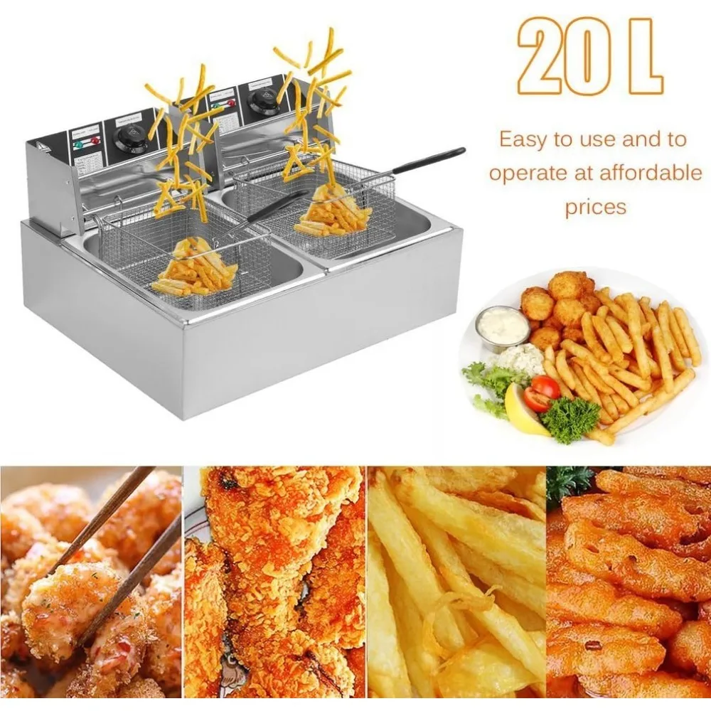 20L Electric Deep Fryer, Temperature Control Timing Fryer, Drain & Basket,Single Tank/Dual Tank, Commercial Electric Deep