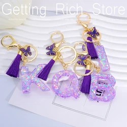 Resin Initial Letter Keychains Purple Tassel Butterfly Glitter Sequin Name Charms Key Holder For Girls Backpack Handbag Decor