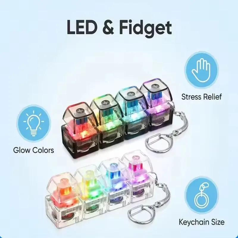 Mechanical Keyboard Keychain LED Light Up Fidget Toy 4 Switches Clicky Sound Stress Relief Keyring Cool Gamer Gift For Boys Girl