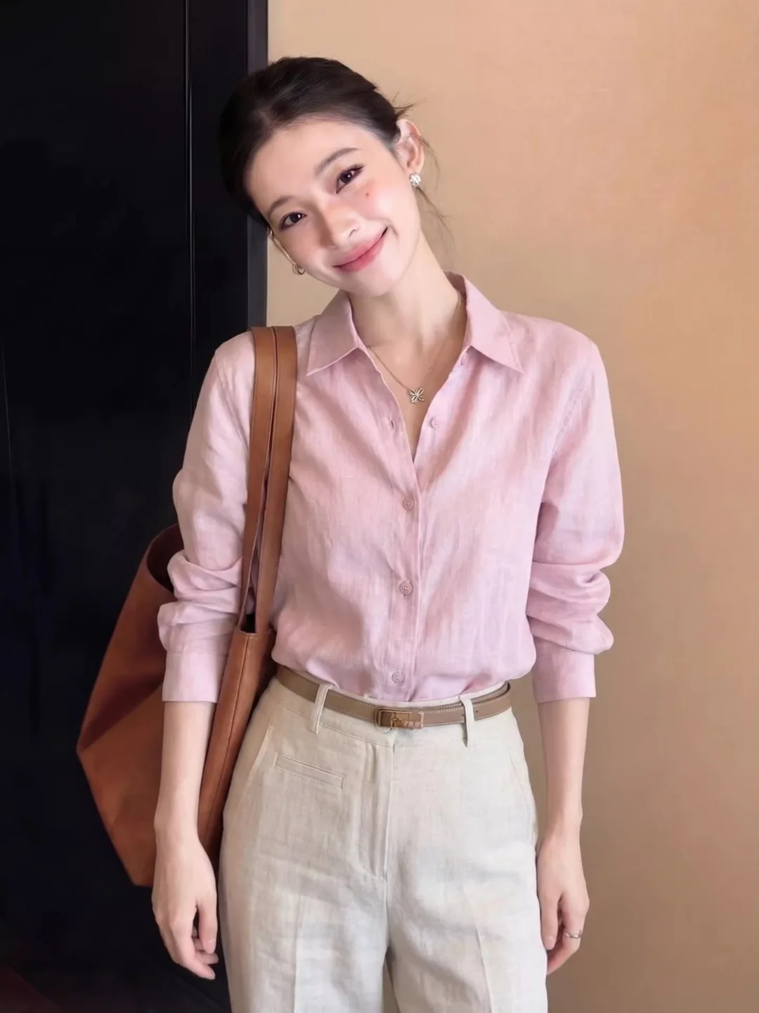 

Pink Linen Shirt Women's Summer Thin Unique Beautiful Fashionable Top French Style Loose Fit Long Sleeve Collar Casual Wear