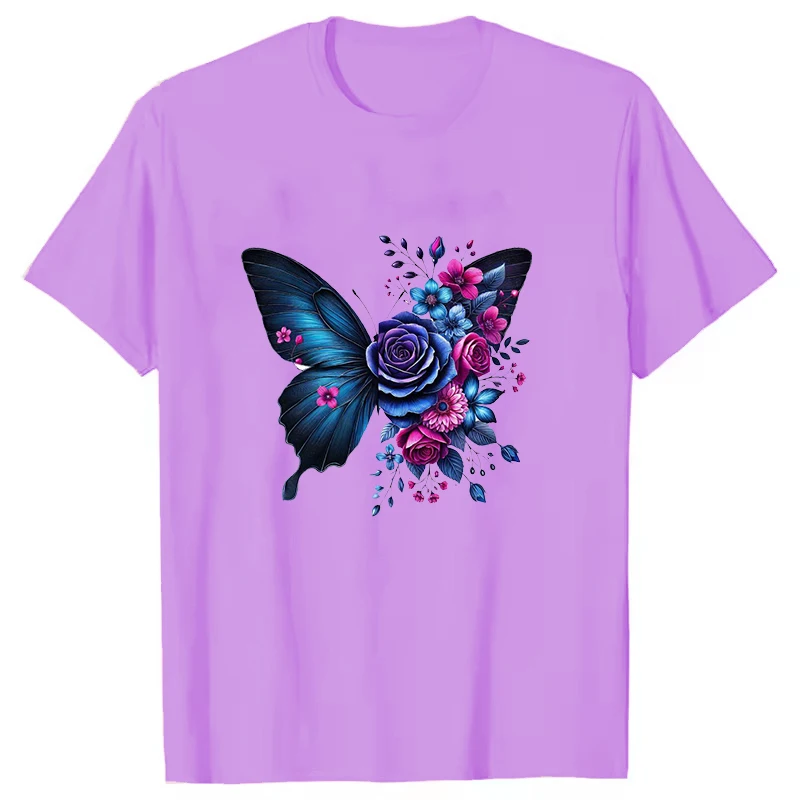 Butterfly Flower Pattern Men Women T-Shirt Short Sleeves Harajuku Unisex Tee Summer Trend Large Size Round Neck Couple Top Shirt