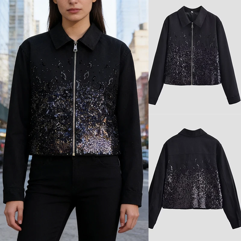 

Women's Black Sequin Jacket with Zipper and Turn-Down Collar, Gradient Shiny Short Coat, Party Outfit - 2026 New Fashion Trend