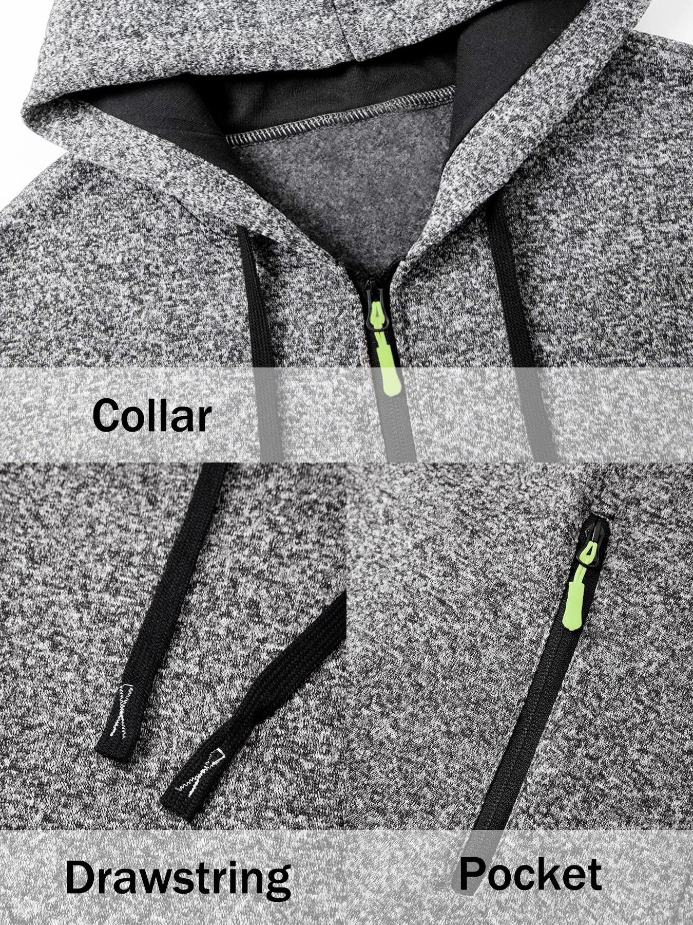 Herren-Sweatshirt mit Kapuze und durchgehendem Reißverschluss, mittellang, aus meliertem Strick, Kapuzenjacke, gefüttert mit Fleece, mit Kordelzug und Reißverschluss-Taschen. – Detail 9