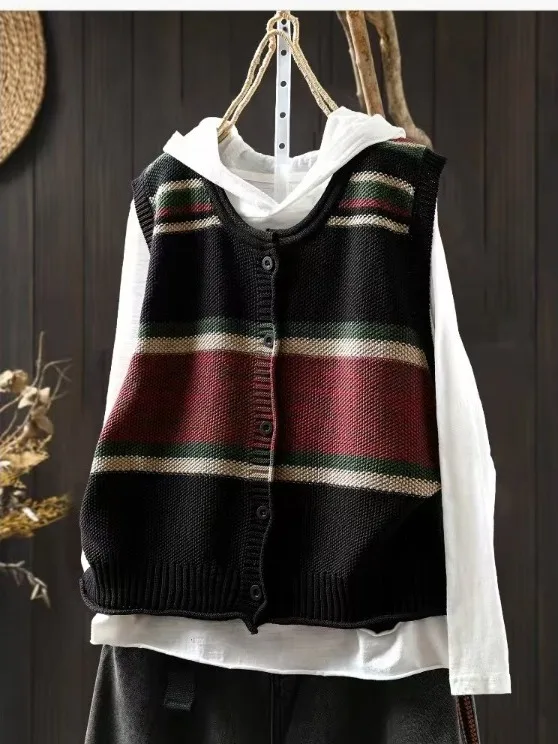 Authentic Spring Autumn plus Size Retro Striped Open Cardigan Vest Loose Layering Sleeveless Sweater Shoulder Pad Women's Fas...