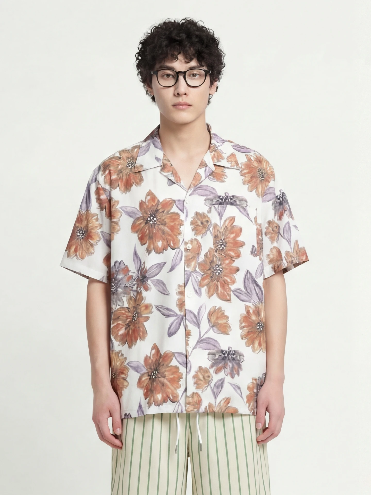 

Свободная рубашка с кубинским воротником и коротким рукавом, с ретро-художественным цветочным акварельным принтом, дышащая, повседневная, для молодежи