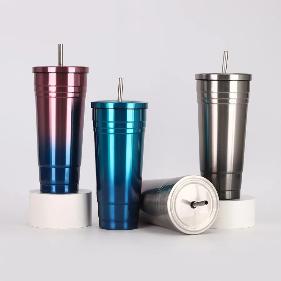 

Stainless steel home office double-layer vacuum insulation coffee cup simple thickened anti-wrestling straw handy cups