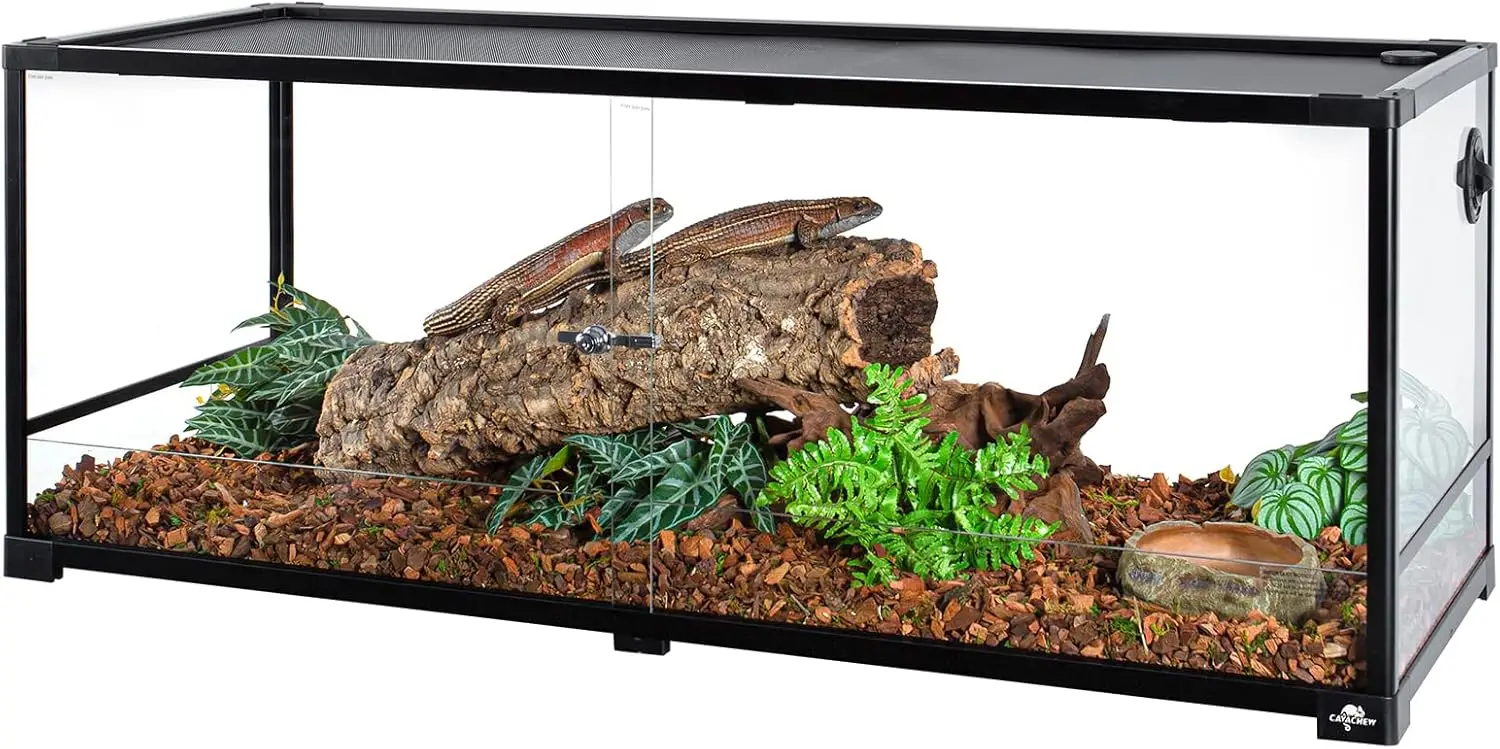 

Стеклянный террариум для рептилий объемом 67 галлонов (48x18x18) с раздвижной дверцей, верхним вентиляционным отверстием, отверстием для проводов, отверстием для увлажнения, большой контейнер для бородатых агам и других видов ящериц.