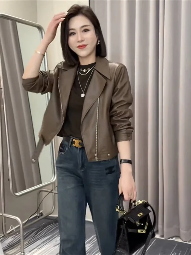 Short Casual Leather Jacket Women's Fashion Motorcycle Style Slimming Top Zipper Closure Long Sleeve Business Casual Coat