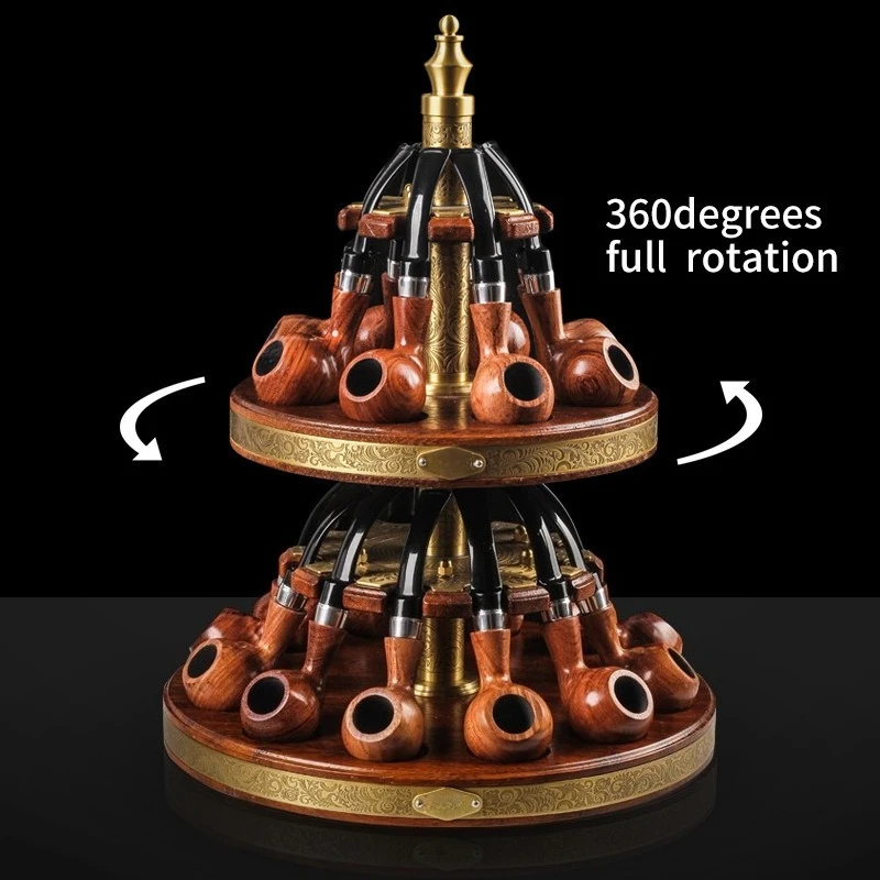 Brass pineapple leather solid wood pipe holder, pipe accessories 20-position rotating pipe holder, multiple display stands