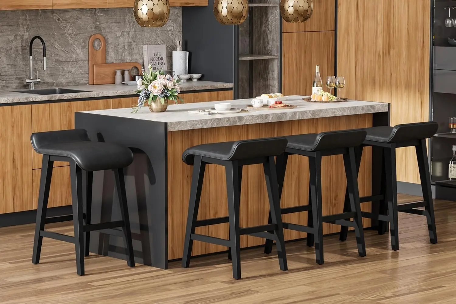 

26.2" Solid Wood Bar Stools Set of 4, Counter Height Bar Stools with Wide PU Leather Upholstered Seat, Barstools Set for Kitc