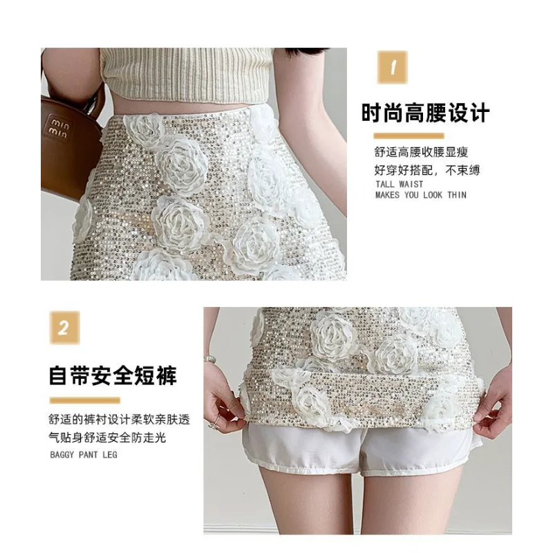 Indústria pesada tridimensional flor lantejoulas temperamento socialite nova magro quente menina hip-cobrindo a linha saia curta