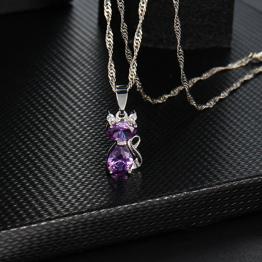 LeeSell Vintage Zircon Stone Pink Cat Pendant Necklace for Women Cute Crystal Jewelry Gift for Wedding