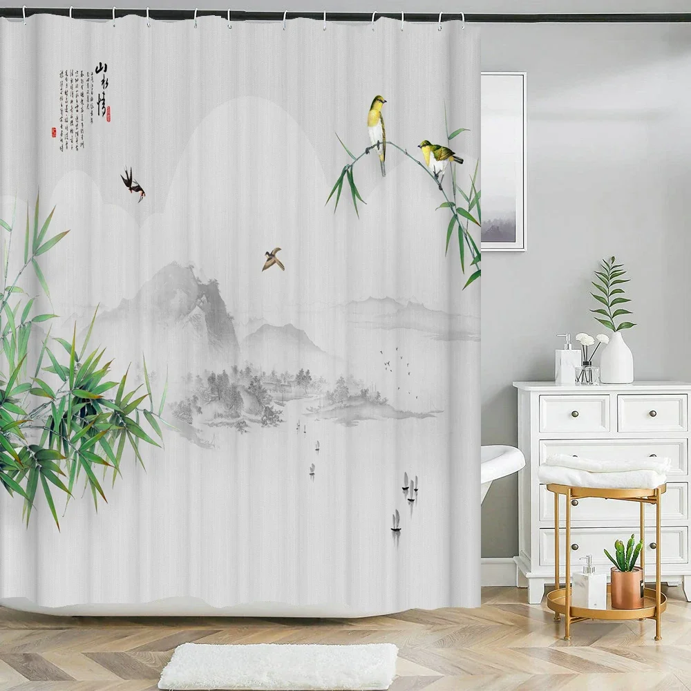 3d Printing Chinese Flower Bird Ink landscape Shower Curtain Bathroom Waterproof Bath Curtain With Hooks Washable Cloth Decor